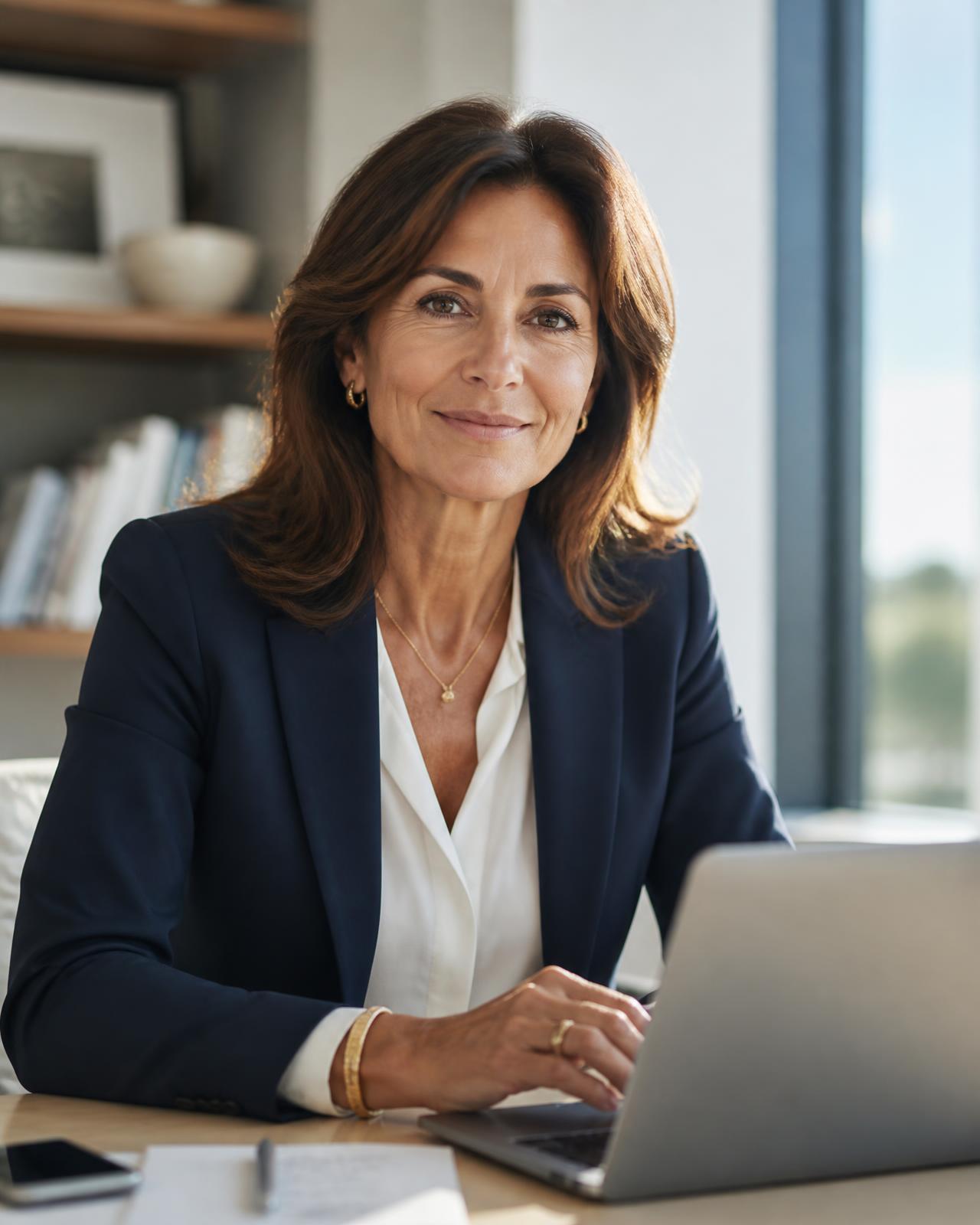 A woman in her fifties working confidently at a laptop in a bright home office